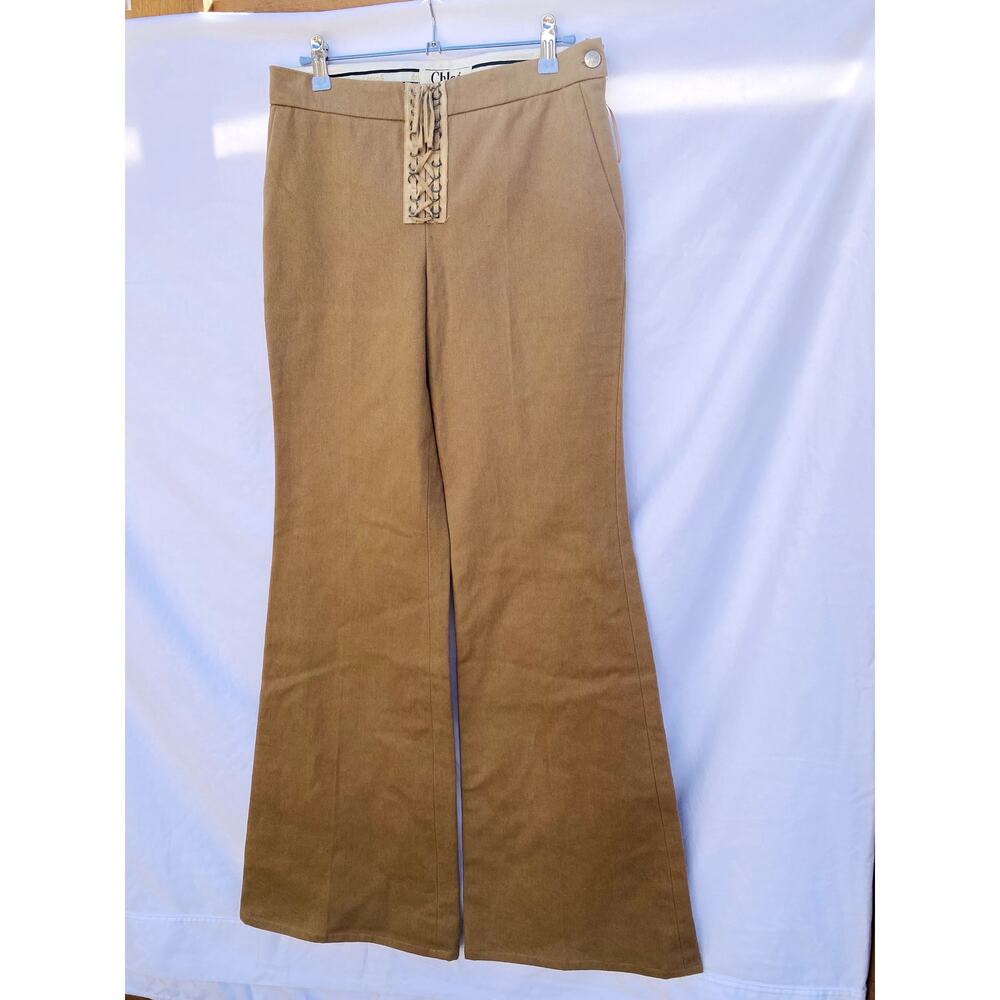 Chloe Tan Flare Suede Lace Up Bell Bottom Pants - Picture 3 of 6